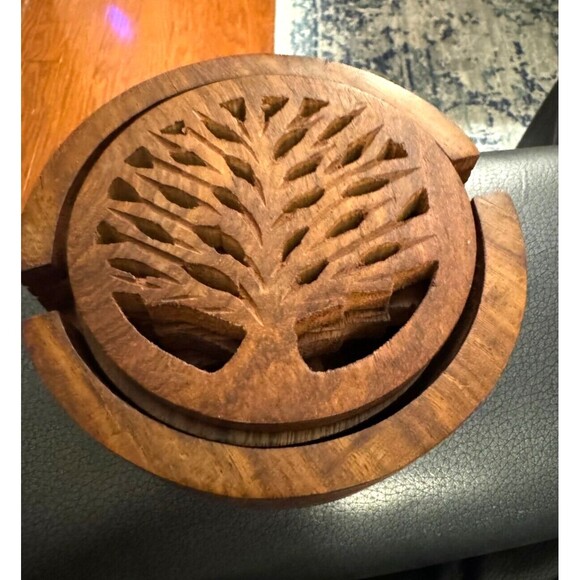 Hand-Carved Coasters Shesham Wood Tree of Life Set of 4 Natural Earth Tones - Picture 1 of 5